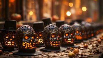 On halloween night, a room of carved pumpkins illuminated a hauntingly beautiful display of grinning skulls, adding a unique and eerie ambiance to the indoor celebration, AI Generative photo