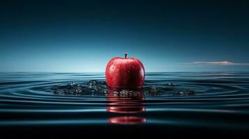 el rojo manzana graciosamente salpicaduras dentro el líquido cielo, creando un vibrante reflexión de al aire libre Fruta ese despierta el Sentidos, ai generativo foto