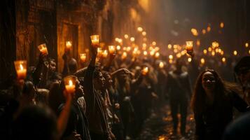 A glowing crowd of people unite in the night, holding their candles high in a mesmerizing display of light and solidarity, AI Generative photo