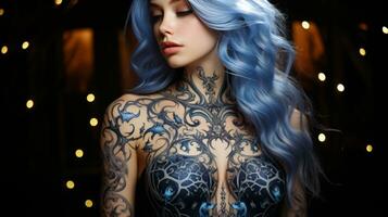 A wild woman with a splash of blue hair and an intricate tattoo across her chest, stands boldly, embracing her unique identity with pride, AI Generative photo