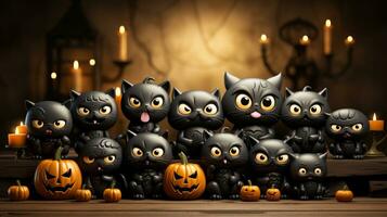 On a chilly halloween night, a group of black cats cuddle around a lit candle while sitting atop a pile of pumpkins, basking in the warm and cozy atmosphere of an indoor celebration, AI Generative photo