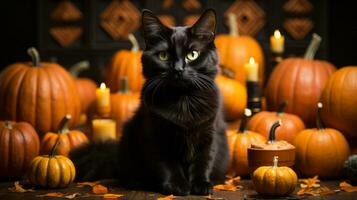 On halloween night, a mysterious black cat perched atop a pile of vibrantly-colored pumpkins, beckoning us to enter a world of whimsy and enchantment, AI Generative photo