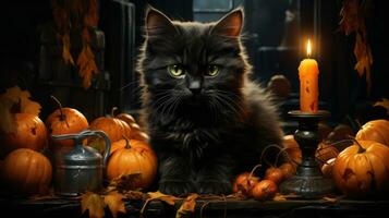 A cat sitting on a table with pumpkins and a candle, AI Generative photo