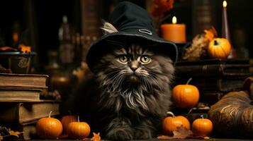 A curious feline wearing a festive pumpkin-patterned hat evokes a playful halloween spirit, reminding us that even our most beloved indoor animals can join in the fun, AI Generative photo