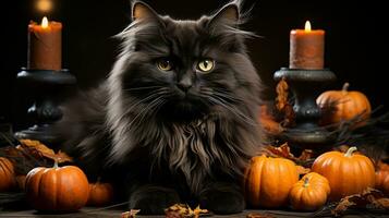 On halloween night, a curious cat surveys its cozy indoor environment, surrounded by the vibrant colors of pumpkins and the warm light of flickering candles, AI Generative photo