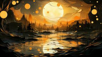 un cautivador pintura de un majestuoso paisaje presentando un devanado río, lozano verdor, y un gigante brillante luna, evocando un sentido de preguntarse y misterio, ai generativo foto