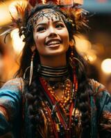 un vibrante y alegre mujer vistiendo un maravilloso tocado y vistoso collares bailes alegremente en el al aire libre carnaval, ai generativo foto