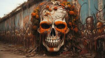 A vibrant, outdoor mural of a painted skull adorned with orange flowers captures a captivating mix of beauty and mortality, AI Generative photo