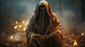 A person in a hooded robe with glowing eyes in forest, AI Generative photo