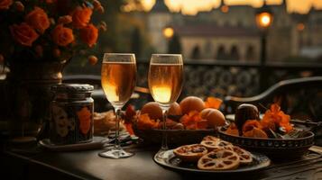 A beautifully set table full of tantalizing food and drink, inviting guests to indulge in a luxurious and memorable indoor meal, AI Generative photo