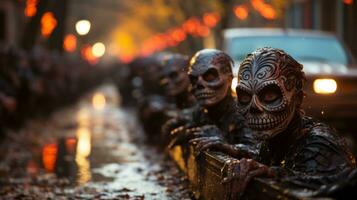 A group of wild, free-spirited individuals stand together in the street, wearing skulls and reveling in their unique sense of fashion and defiance, AI Generative photo