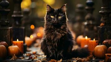 A black cat sitting on a walkway with pumpkins and candles in street, AI Generative photo