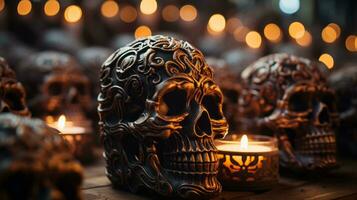 A hauntingly beautiful scene of a glowing candle illuminating a mysterious skull creates a captivating atmosphere of mystery and light, AI Generative photo