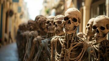 A haunting scene of bony skulls lined up in a stoic row against a desolate outdoor building sets an eerie atmosphere, AI Generative photo