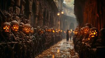 A path with carved pumpkins and people walking, AI Generative photo
