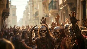 A diverse crowd of zombies stands in a crowded street, dressed in an array of vibrant outdoor clothing, each person a unique expression of style and personality, AI Generative photo