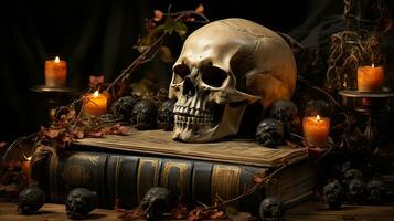 A spooky skull candle glows in the darkness of a halloween-decorated indoor hall, its bony visage perched atop a mysterious book, AI Generative photo