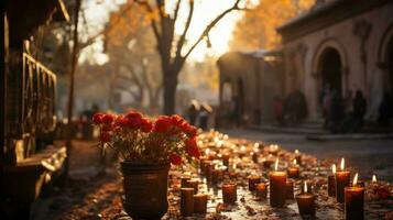 A group of candles and flowers, AI Generative photo