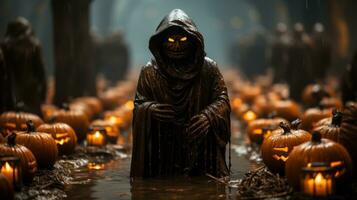 A mysterious figure shrouded in a robe stands tall amidst a bounty of pumpkins, evoking a sense of spooky halloween enchantment, AI Generative photo