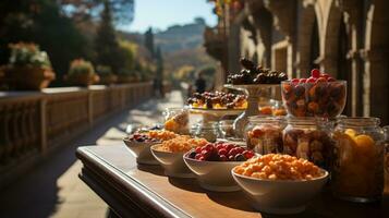 A vivid and inviting scene of a full table lined with various dishes of food, both savory and sweet, draws guests in for an unforgettable indoor or outdoor dining experience, AI Generative photo