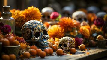 A haunting display of a skull adorned with vibrant flowers and oranges evokes the eerie atmosphere of halloween indoors, AI Generative photo