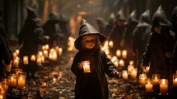 un niño participación un vela en un oscuro habitación con muchos velas, ai generativo foto