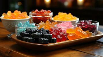 A delicious array of colorful gummy bears adorns the table, a perfect sweet treat to bring joy and delight indoors, AI Generative photo