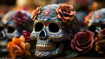 un misterioso azul cráneo adornado con delicado rosas mascaras un obsesionante belleza, dibujo el espectador dentro un mundo de cautivador oscuridad, ai generativo foto