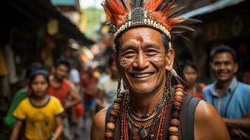 A smiling person adorned in a vibrant feather headdress and necklaces stands confidently in the street, celebrating life and freedom during a lively festival, AI Generative photo