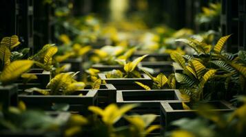 un vibrante amarillo flor, rodeado por lozano verdor, es anidado entre un colección de de madera cajas, atractivo uno a explorar el al aire libre jardín de plantas, ai generativo foto