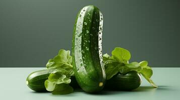 A cucumber with leaves on table, AI Generative photo