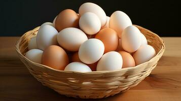 A warm, inviting scene of a bountiful basket of eggs resting atop a wooden table inside a cozy home fills the room with the promise of sustenance and comfort, AI Generative photo