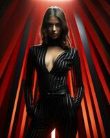 A stylish woman in a black and white striped latex suit stands out from the crowd, her bold red accessories reflecting her vibrant personality and unique sense of fashion, AI Generative photo