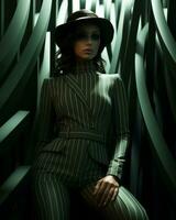 A confident woman stands poised and stylishly attired in a fashionable suit and hat, her clothing a reflection of her power and grace, AI Generative photo