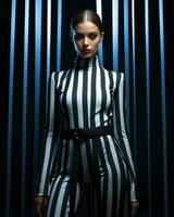 A stylish woman exudes confidence as she poses in her striped jumpsuit, her fashionable look accentuated by the long sleeves and the warm glow of the indoor lighting, AI Generative photo