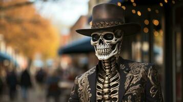 A mysterious skeleton clad in a black hat and mask stands against the backdrop of a stark city street, their clothing evoking a sense of daring adventure, AI Generative photo