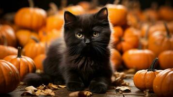 A mysterious black cat stares intently at the vibrant orange pumpkins, whiskers twitching in the dimly lit indoor atmosphere, evoking a sense of wonderment and halloween spirit, AI Generative photo