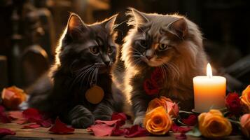 Two cats sitting next to a candle and rose petals, AI Generative photo