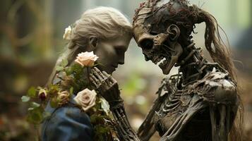 An outdoor sculpture of a skeleton couple holding hands and surrounded by beautiful flowers captures a timeless moment of eternal love, AI Generative photo