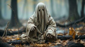On a crisp autumn day, a mysterious figure shrouded in white cloth stands among the fallen leaves of the forest floor, their face hidden from view, AI Generative photo