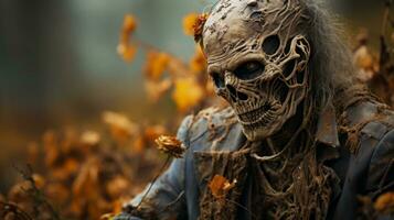 A zombie stands proudly outdoors in the autumn chill, embracing their unique style in a daring skeleton garment that reflects their wild and fearless spirit, AI Generative photo