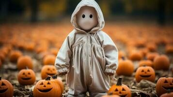 A small child stands amidst a riot of autumnal hues, wearing a vibrant pumpkin-colored costume, AI Generative photo