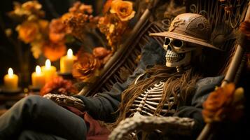 un esqueleto sentado en un silla en un oscuro y misterioso habitación, ai generativo foto