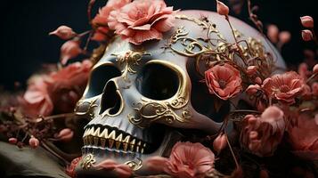 A mysterious skull mask adorned with delicate blooms, inviting the viewer to contemplate the beauty of life and death, AI Generative photo