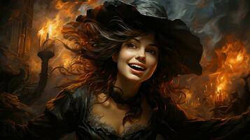 A mesmerizing portrait of a woman in a black hat radiates with an enigmatic smile, capturing the essence of the art of fire in her graceful clothing, AI Generative photo