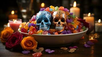 un tenuemente iluminado habitación es iluminado por un soltero vela, revelador un macabro aún romántico escena de calaveras, rosas, y con tema de halloween caramelo ingeniosamente arreglado en un decorado mesa, ai generativo foto