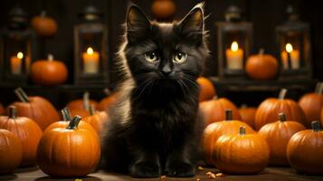 On halloween night, a mysterious black cat perched on a pile of festive pumpkins illuminated by candlelight creates a spooky yet cozy atmosphere in the indoor vegetable garden, AI Generative photo