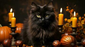 On halloween night, a mysterious black cat curls up among glowing pumpkins and a flickering candle, creating a magical, indoor scene of animal enchantment, AI Generative photo