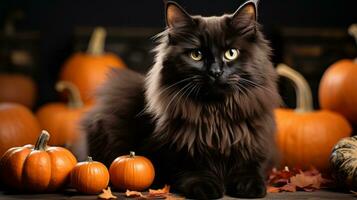 This mysterious black cat snuggled up among the vibrant orange pumpkins is a reminder of the beauty of the autumn season and the magic of halloween, AI Generative photo