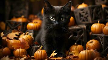 A black cat sitting in a pile of pumpkins, AI Generative photo